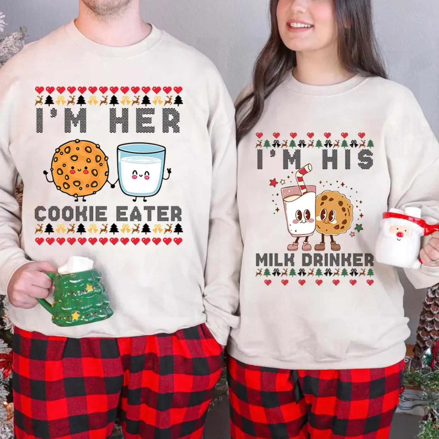 Light beige Christmas sweatshirt with “I’M HER” cookie eater graphic and red hearts