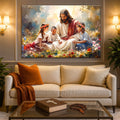 Landscape wall canvas of Jesus seated with three children in colorful flowers