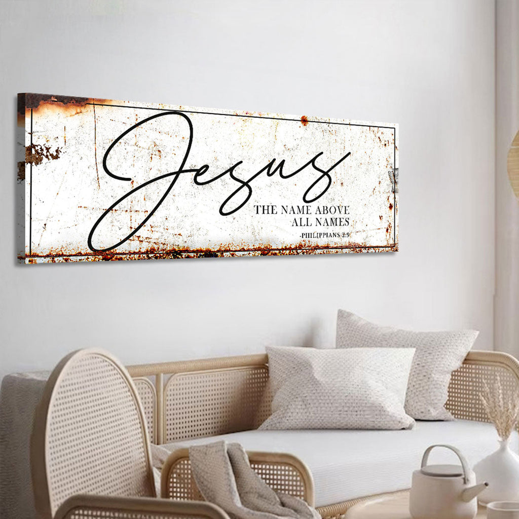 Jesus canvas wall art over light sofa, rust splatter border and scripture text