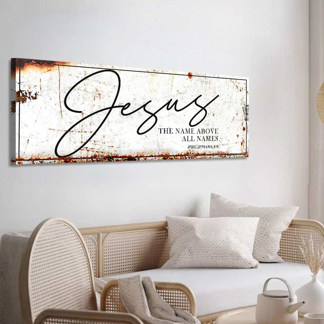 Jesus canvas wall art over light sofa, rust splatter border and scripture text