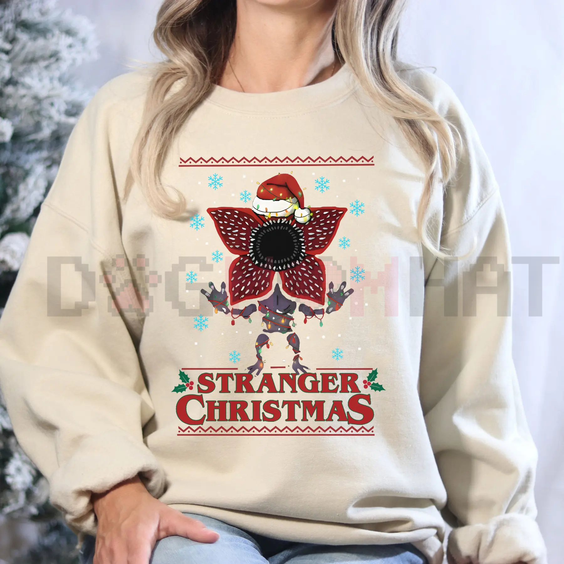 Stranger Christmas sweatshirt, cream/white with red and blue character graphic front