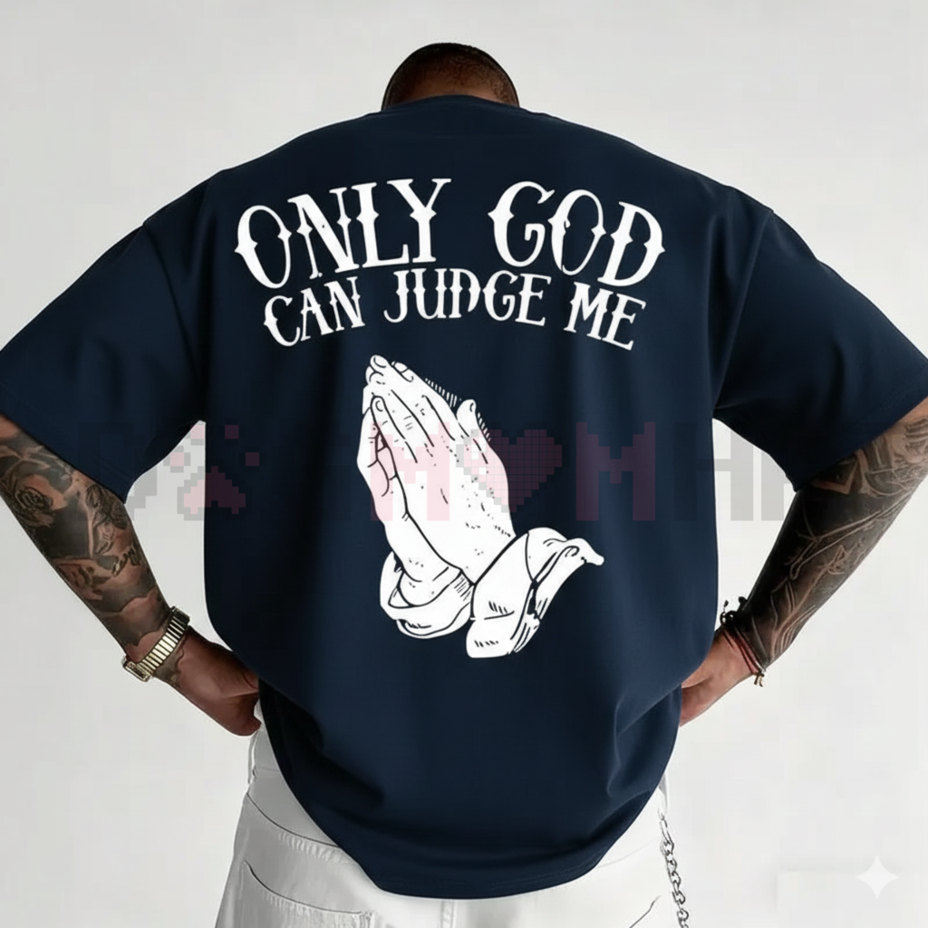 Men's graphic t-shirt, navy back print: 'Only God Can Judge Me' with praying hands