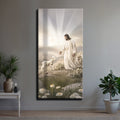 Faith wall art canvas showing Jesus in a white robe with lambs in a meadow