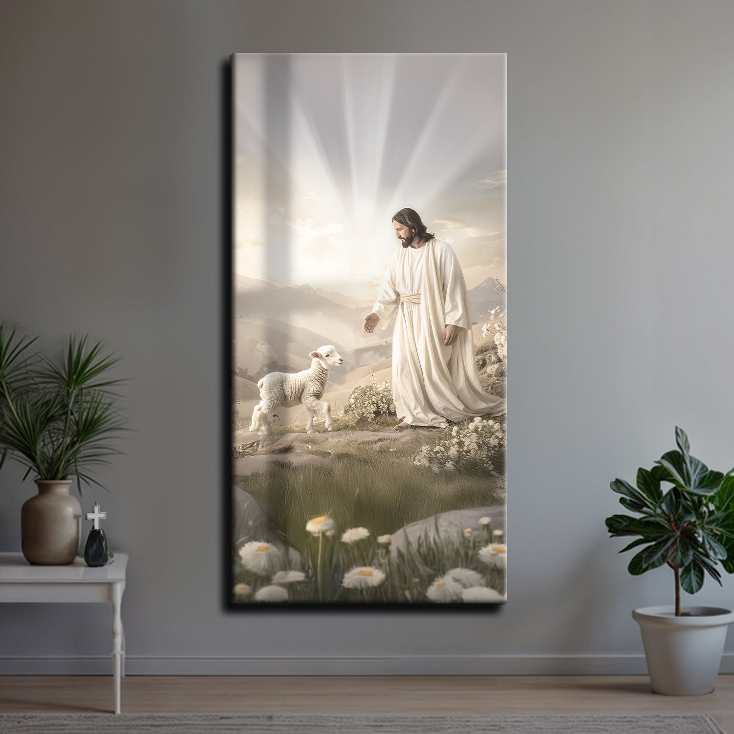 Faith wall art canvas showing Jesus in a white robe with lambs in a meadow