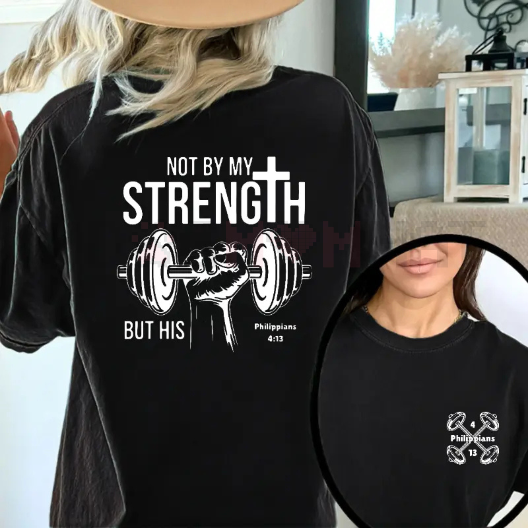 Black Christian graphic t-shirt with bold strength scripture print