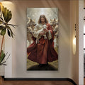 Faith wall art canvas of Jesus holding a white lamb with wolves around him
