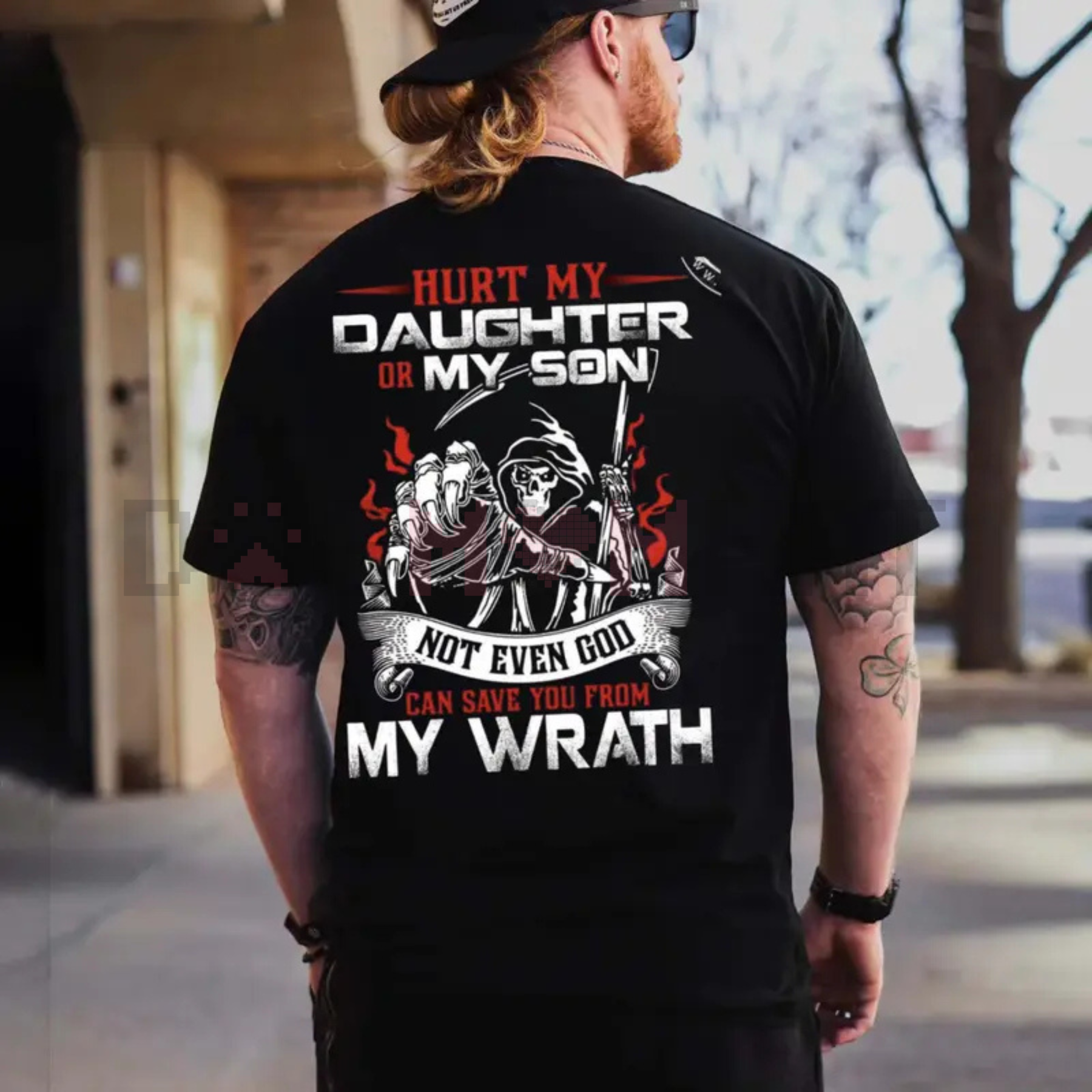 Black graphic dad T-shirt, back print with red text and angel illustration