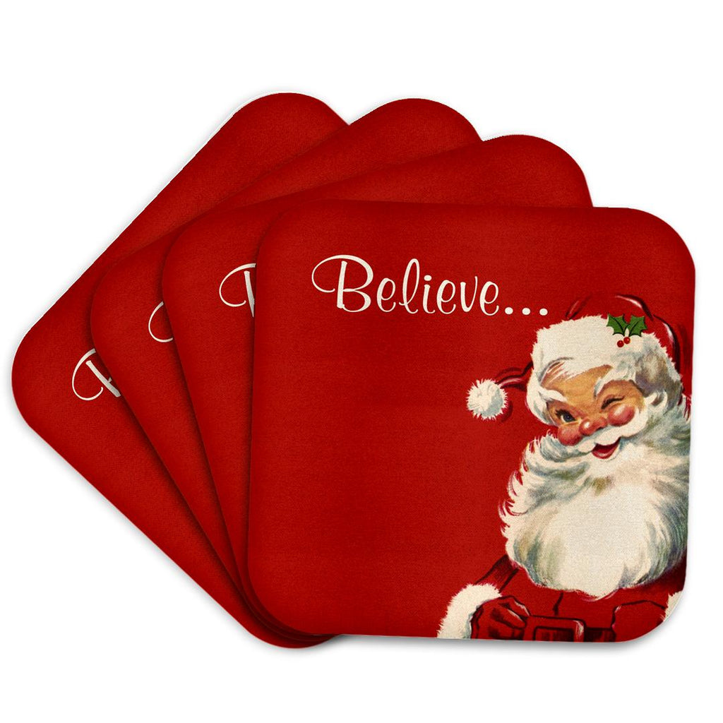 Red square coasters featuring vintage Santa and “Believe...” script, arranged fan-like