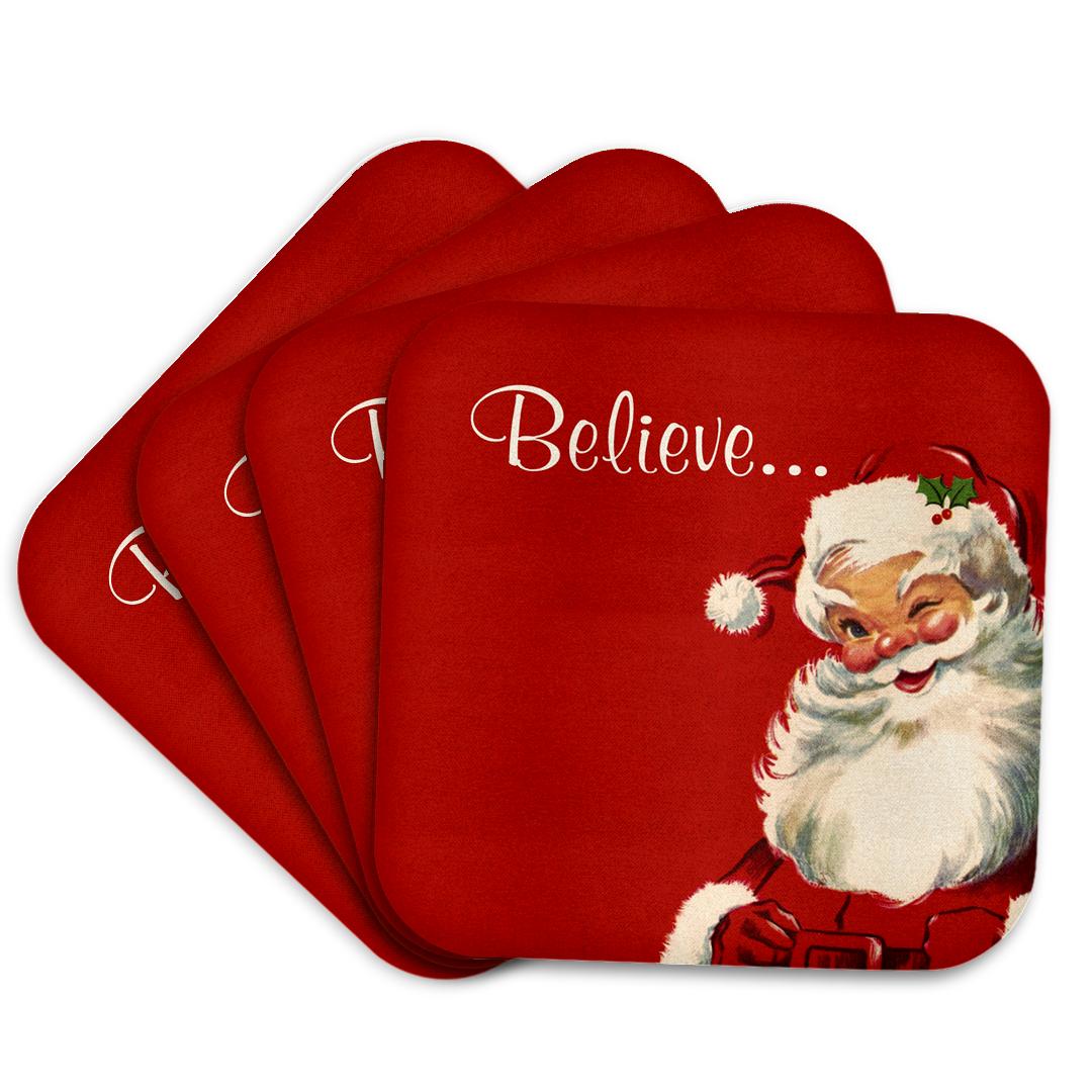 Red square coasters featuring vintage Santa and “Believe...” script, arranged fan-like