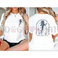 White crewneck t-shirt with Isaiah 43:2 back print and blue water-themed silhouettes