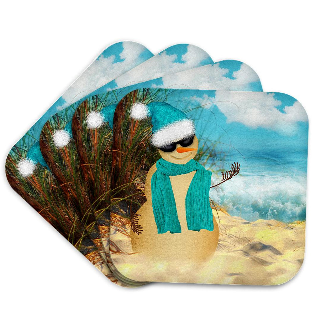 Set of square coasters featuring a snowman on a sandy beach with ocean background