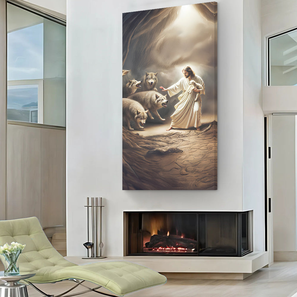 Faith wall art canvas with Jesus standing among lambs and wolves, desert landscape