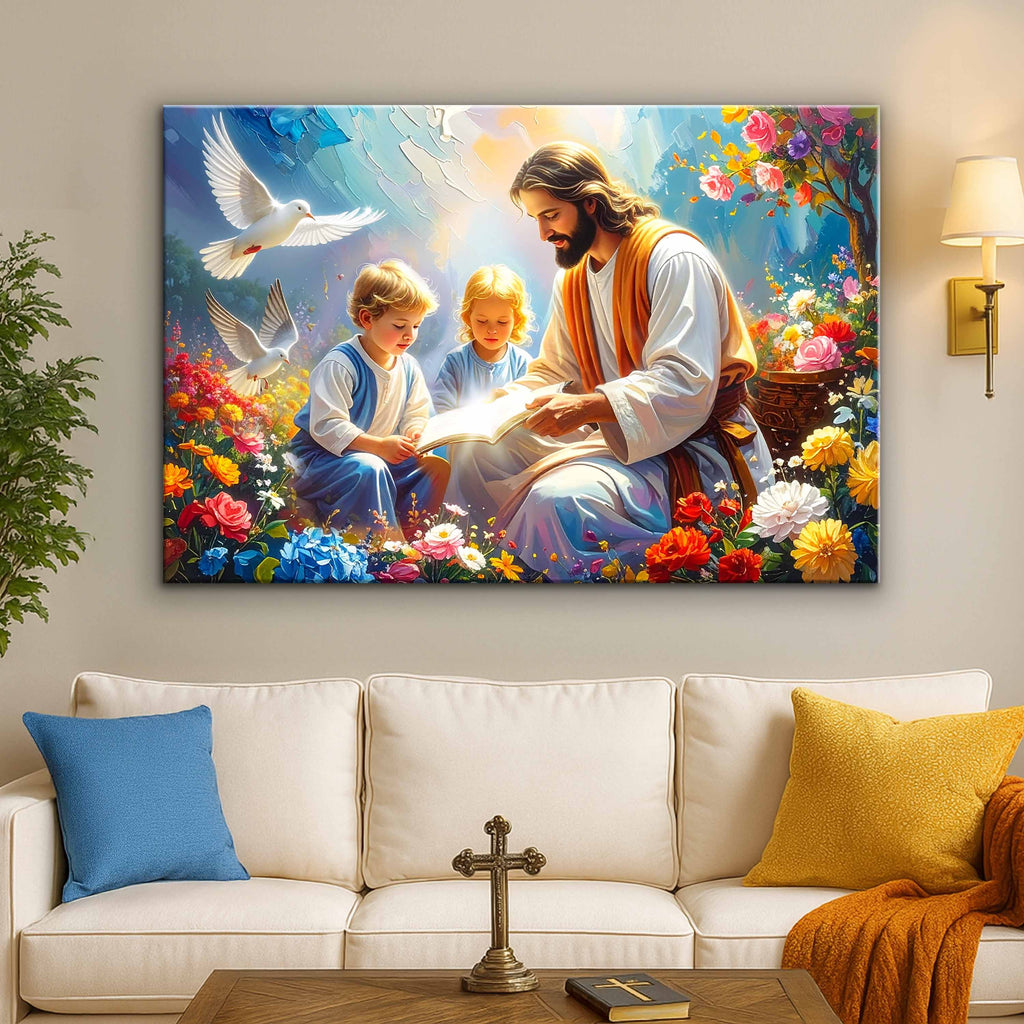 Faith wall art canvas of Jesus reading with two children, surrounded by colorful flowers