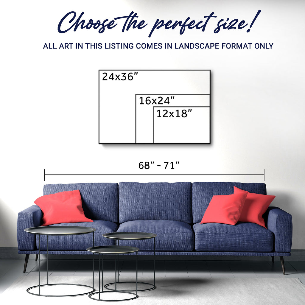 Landscape wall art size chart showing 12x18, 16x24, and 24x36 size options