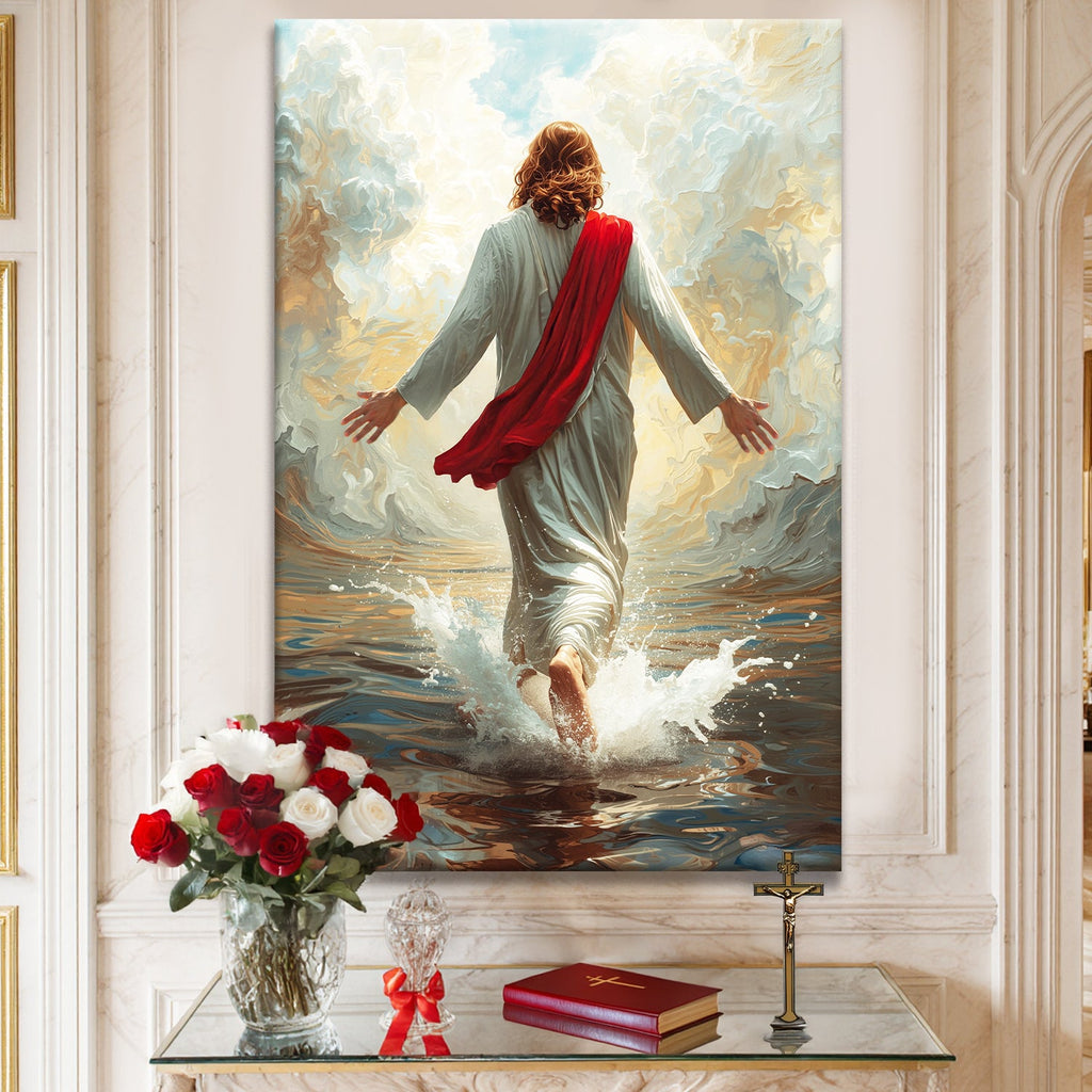 Canvas wall art of Jesus walking on water, red robe and white tunic, water splashes