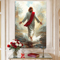 Canvas wall art of Jesus walking on water, red robe and white tunic, water splashes