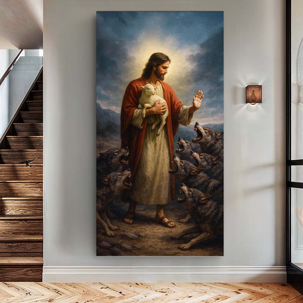 Vertical canvas wall art of Jesus holding a lamb as wolves gather