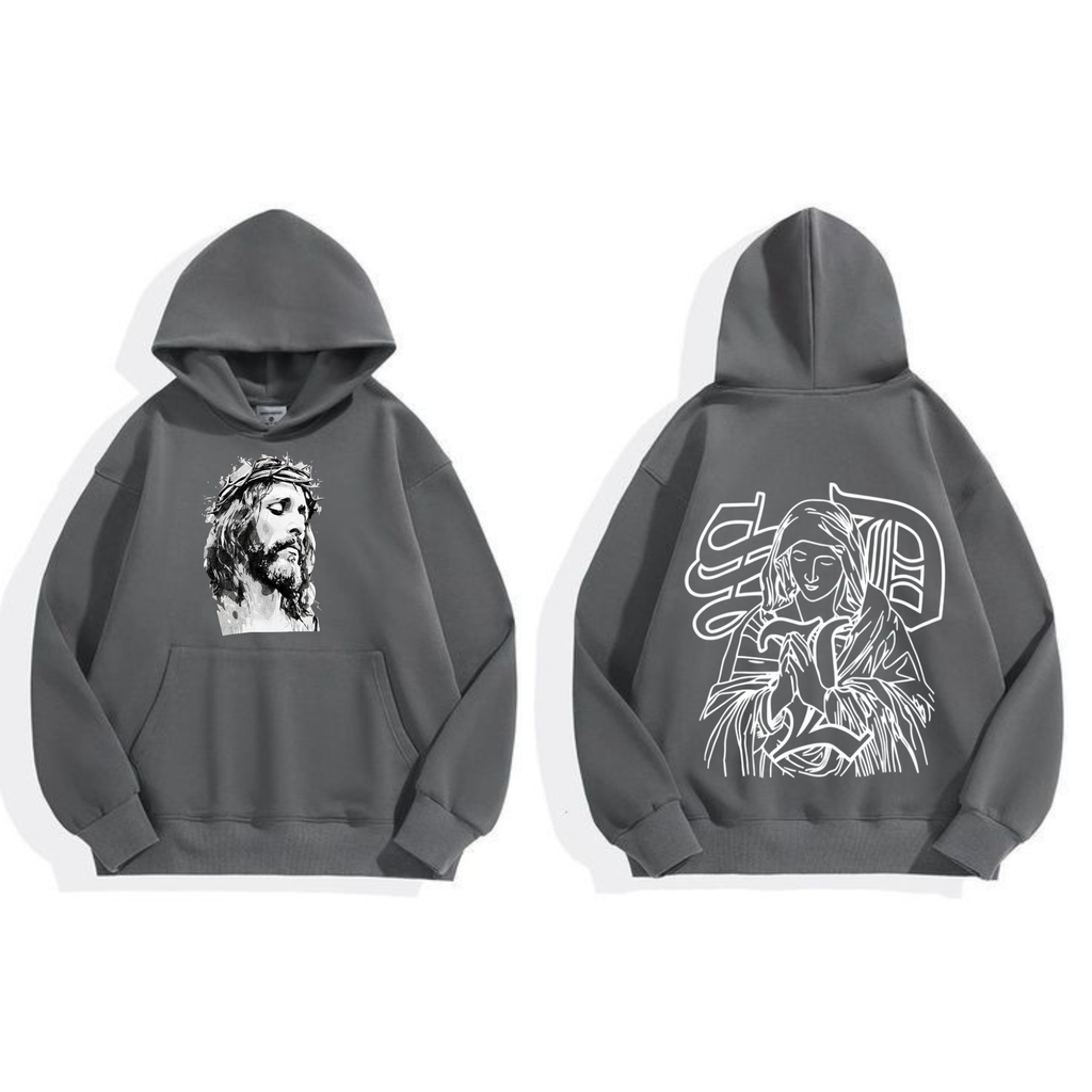Dark gray hoodie with bearded portrait graphic on chest and line-art on back