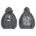 Dark gray hoodie with bearded portrait graphic on chest and line-art on back