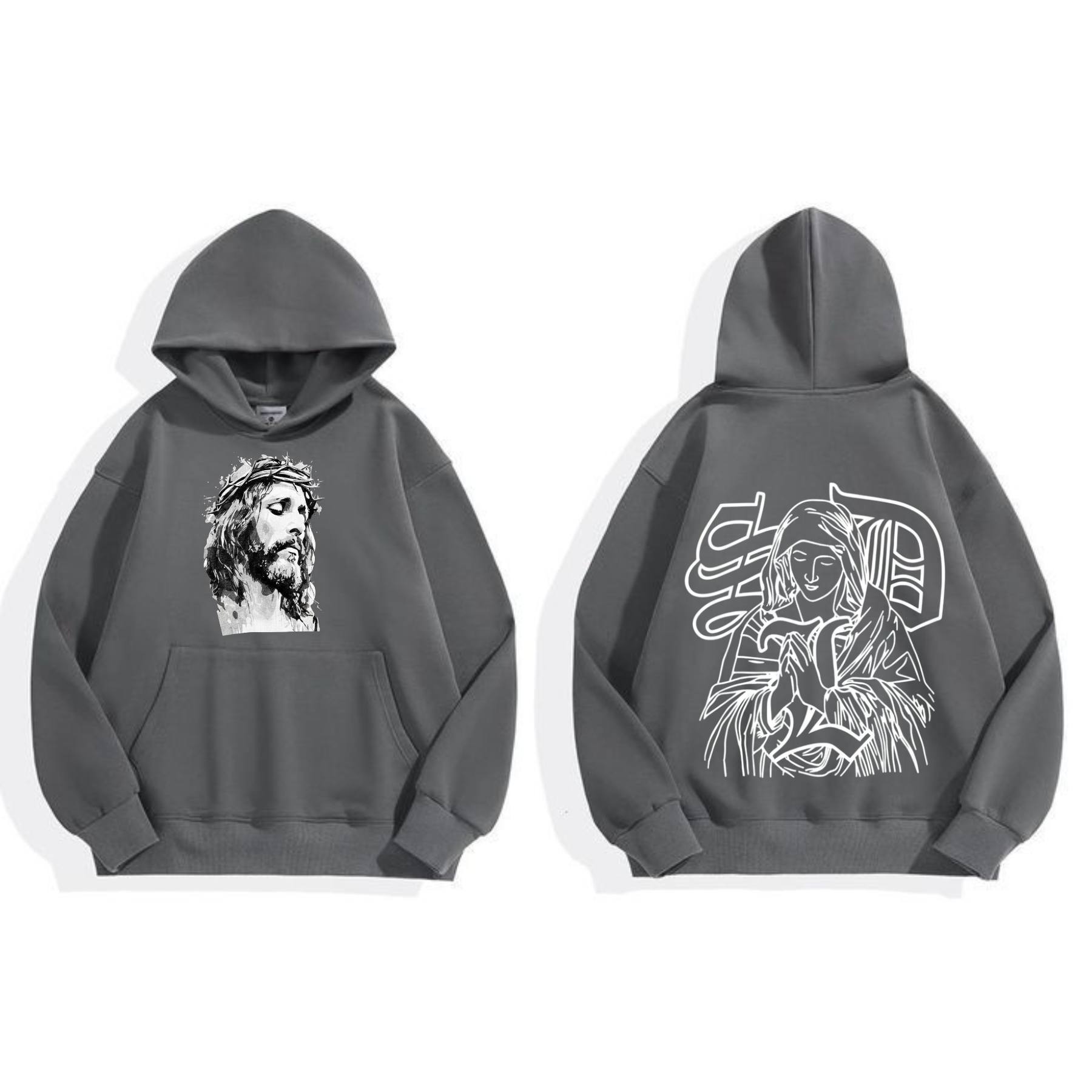 Dark gray hoodie with bearded portrait graphic on chest and line-art on back
