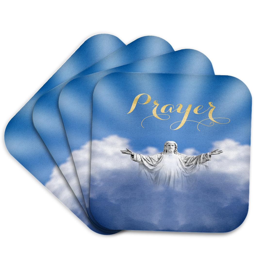 Set of rounded-square prayer coasters, blue clouds with Jesus and 'Prayer' text