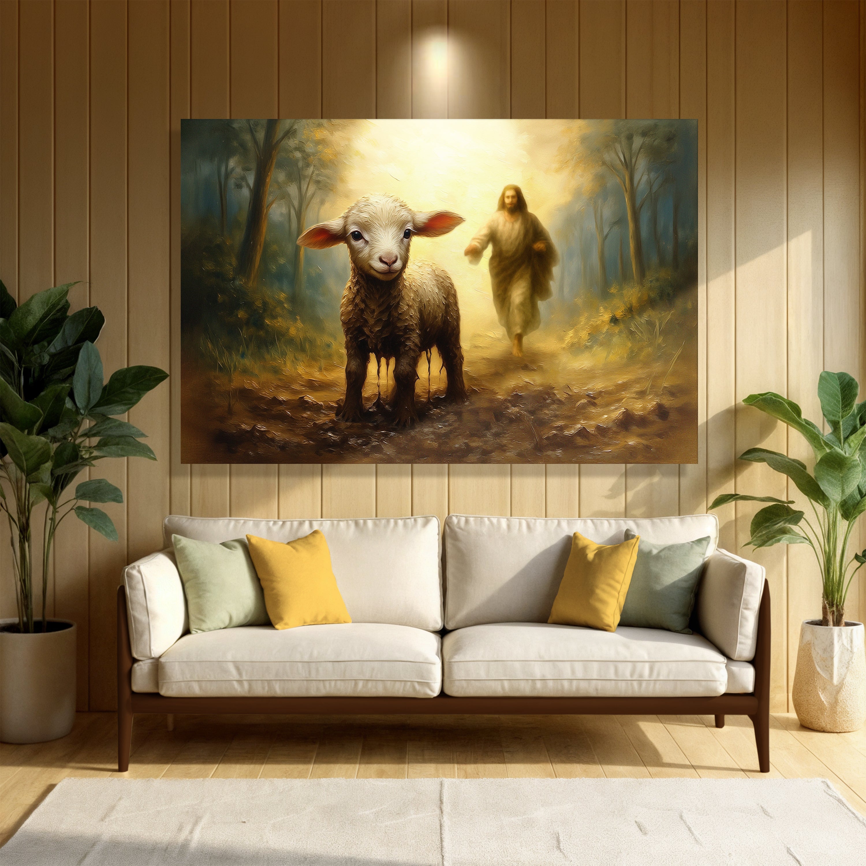 Religious wall art canvas with a lamb in front and Jesus behind, in a forest scene