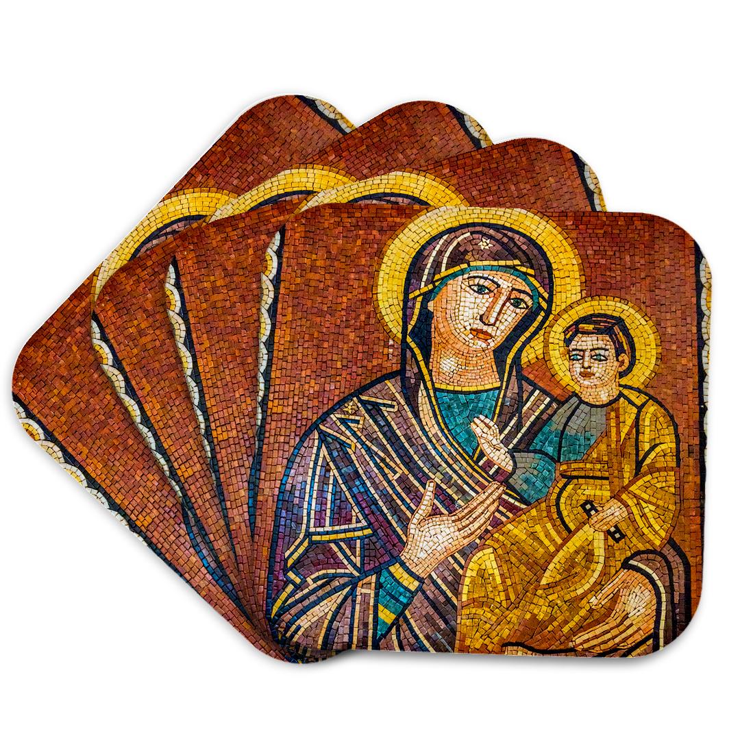 Fan of mosaic coasters featuring Mary holding baby Jesus and saint figures