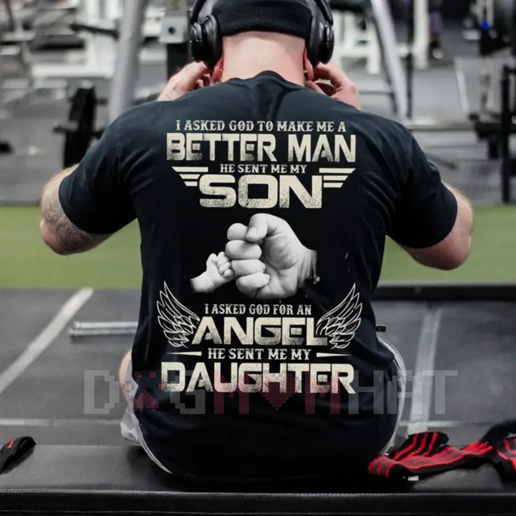 Black crew-neck T-shirt with 'Better Man' back graphic, fists and wings, short sleeves.