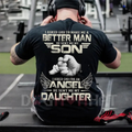 Black crew-neck T-shirt with 'Better Man' back graphic, fists and wings, short sleeves.