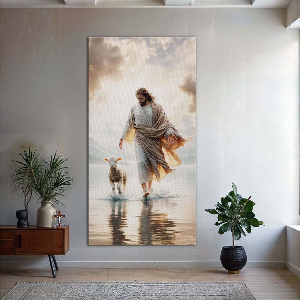 Landscape canvas wall art of Jesus and a lamb walking through calm, reflective water