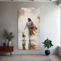 Landscape canvas wall art of Jesus and a lamb walking through calm, reflective water