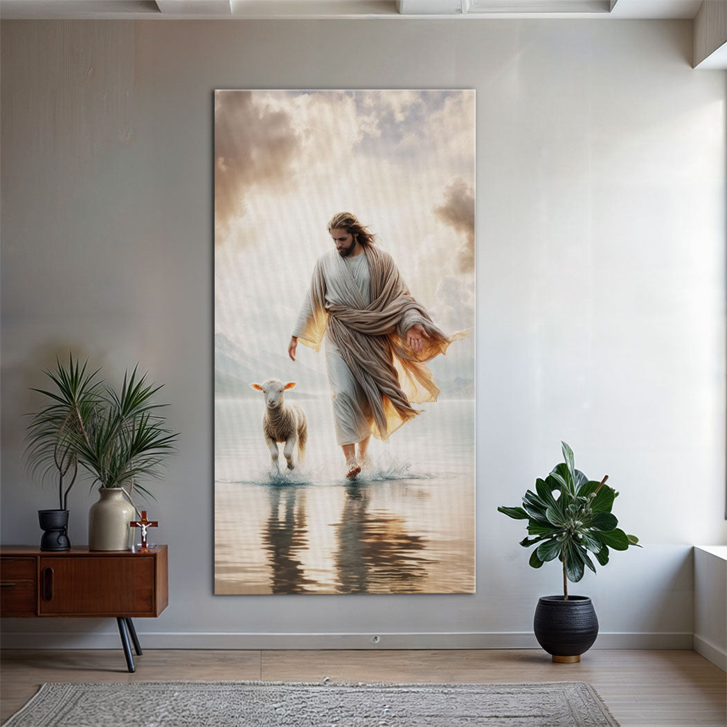 Landscape canvas wall art of Jesus and a lamb walking through calm, reflective water