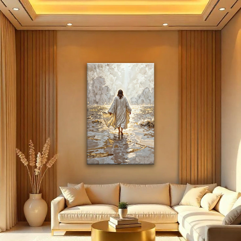 Jesus walking on water canvas wall art, vertical framed print with cloudy waves