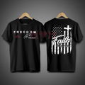 Black crewneck T-shirt with Freedom heart pixel graphic and Faith over fear flag back