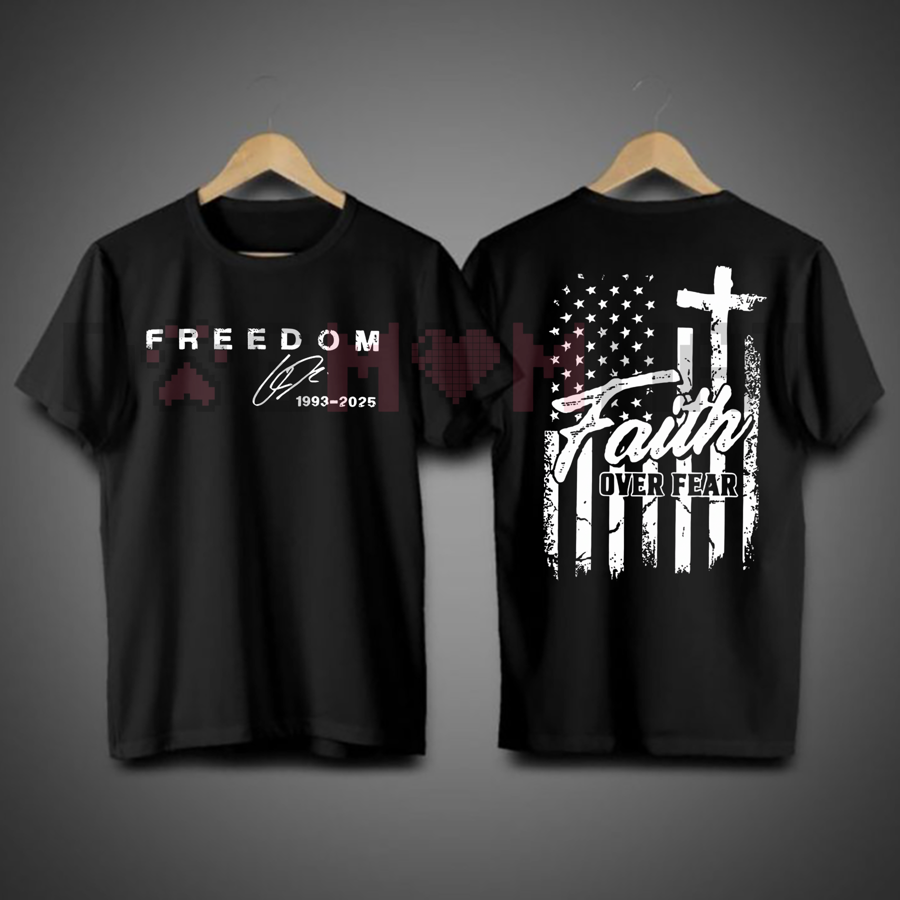 Black crewneck T-shirt with Freedom heart pixel graphic and Faith over fear flag back