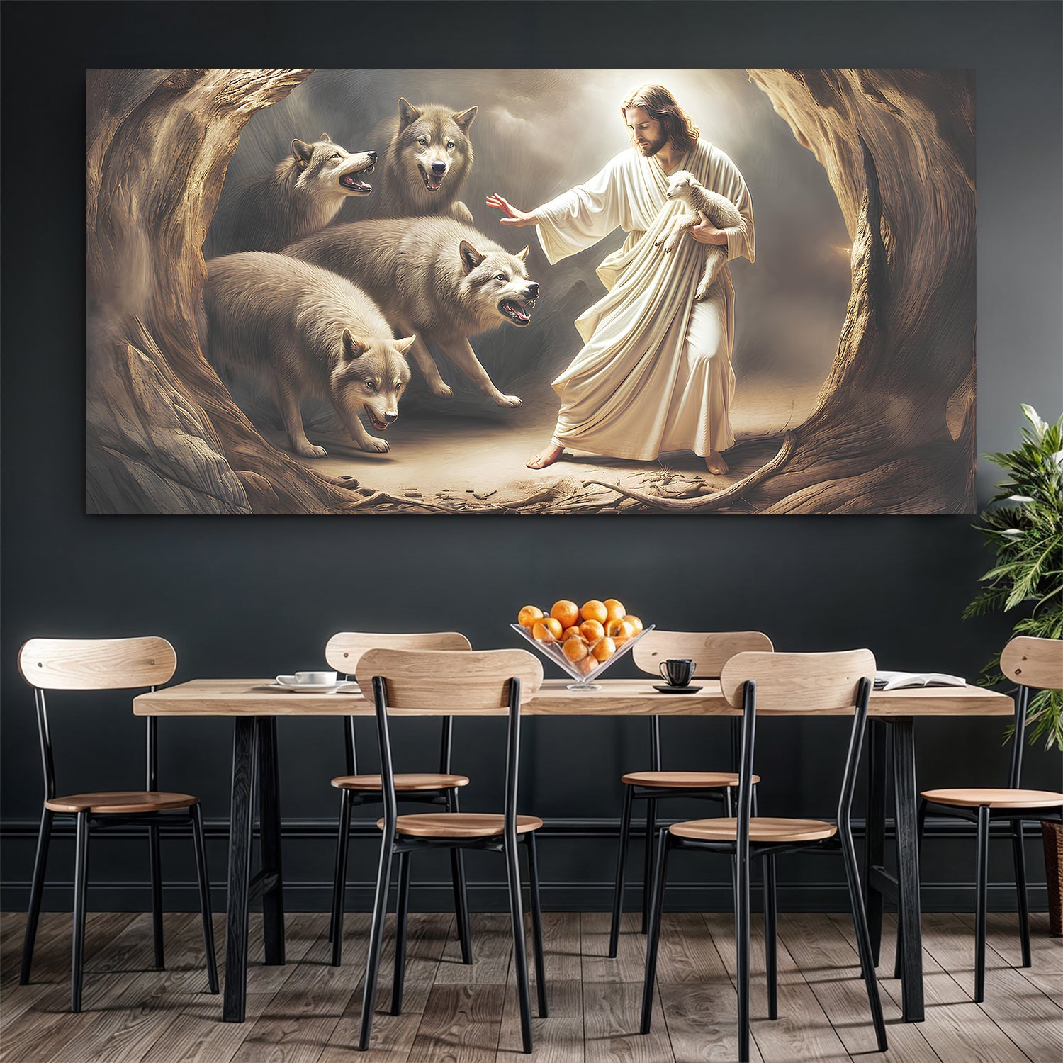 Rectangular wall art canvas showing Jesus guiding lambs among wolves