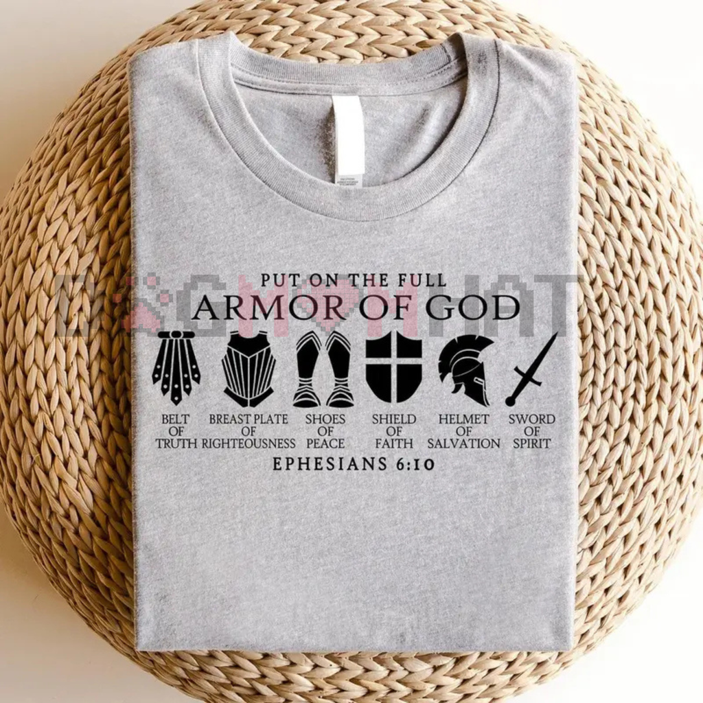 Gray crewneck sweatshirt with Armor of God front graphic and Ephesians 6:10 text