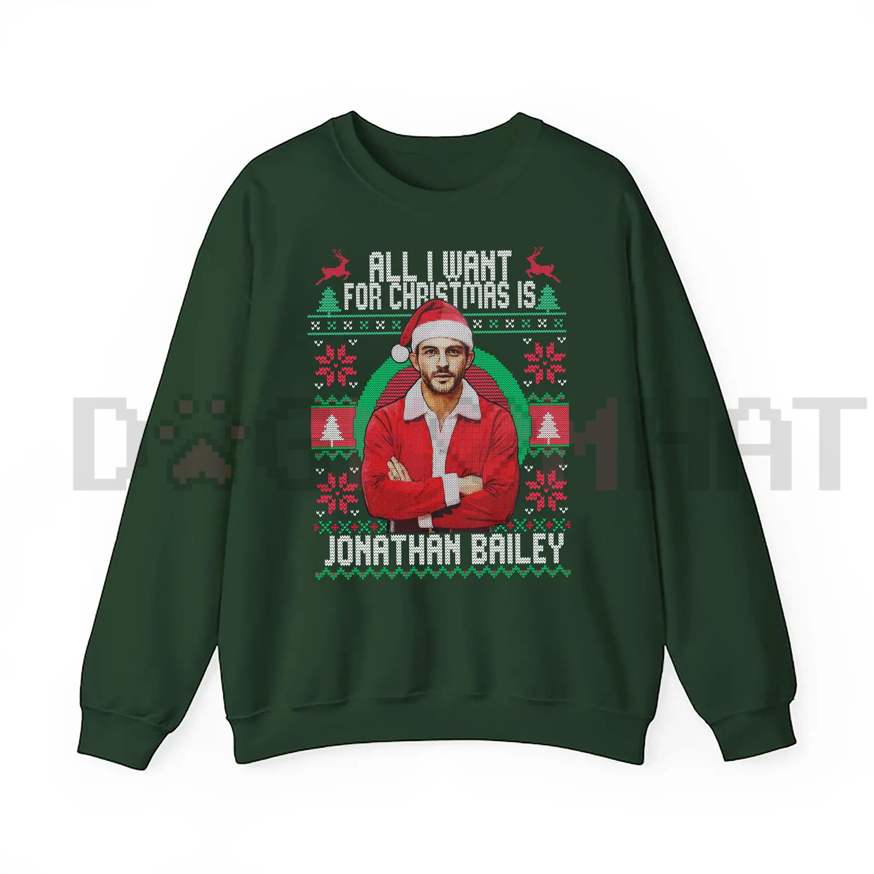 Forest green crewneck sweatshirt with festive graphic portrait on front.