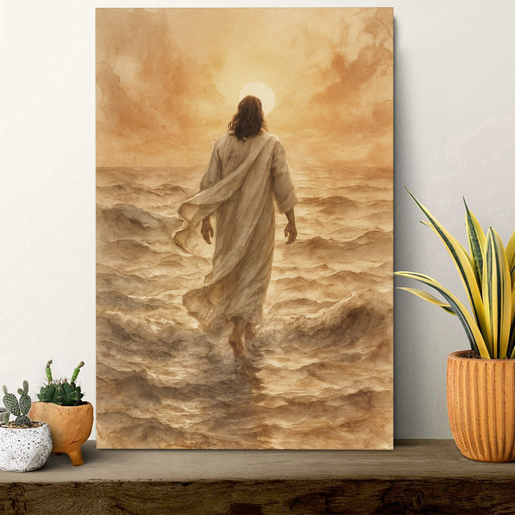 Faith wall art canvas showing Jesus walking on water, full figure