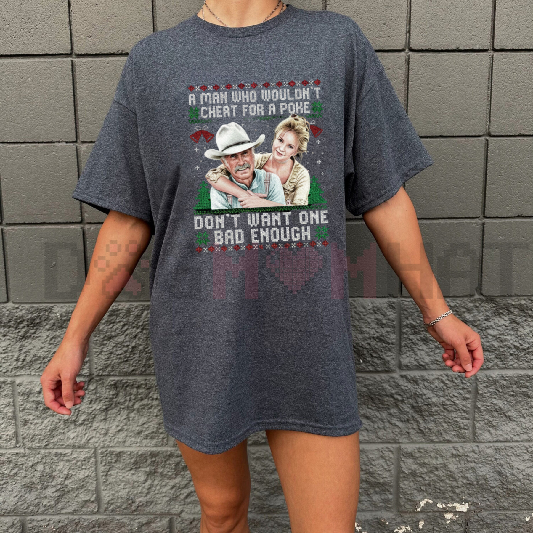 Dark heather T-shirt with western character front graphic and text