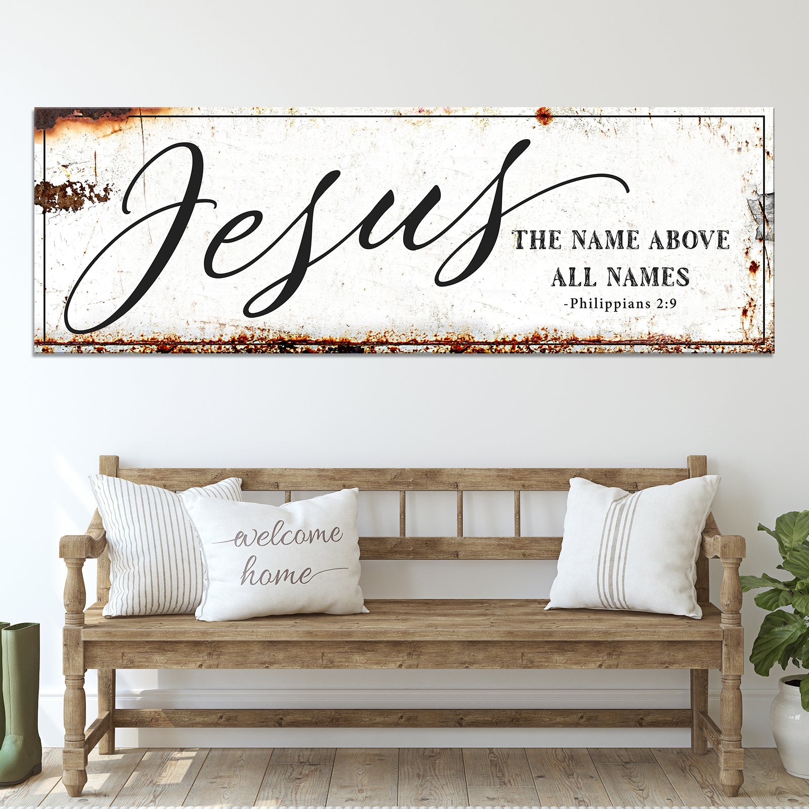 Framed Jesus wall art with 'The name above all names' and 'Philippians 2:9'