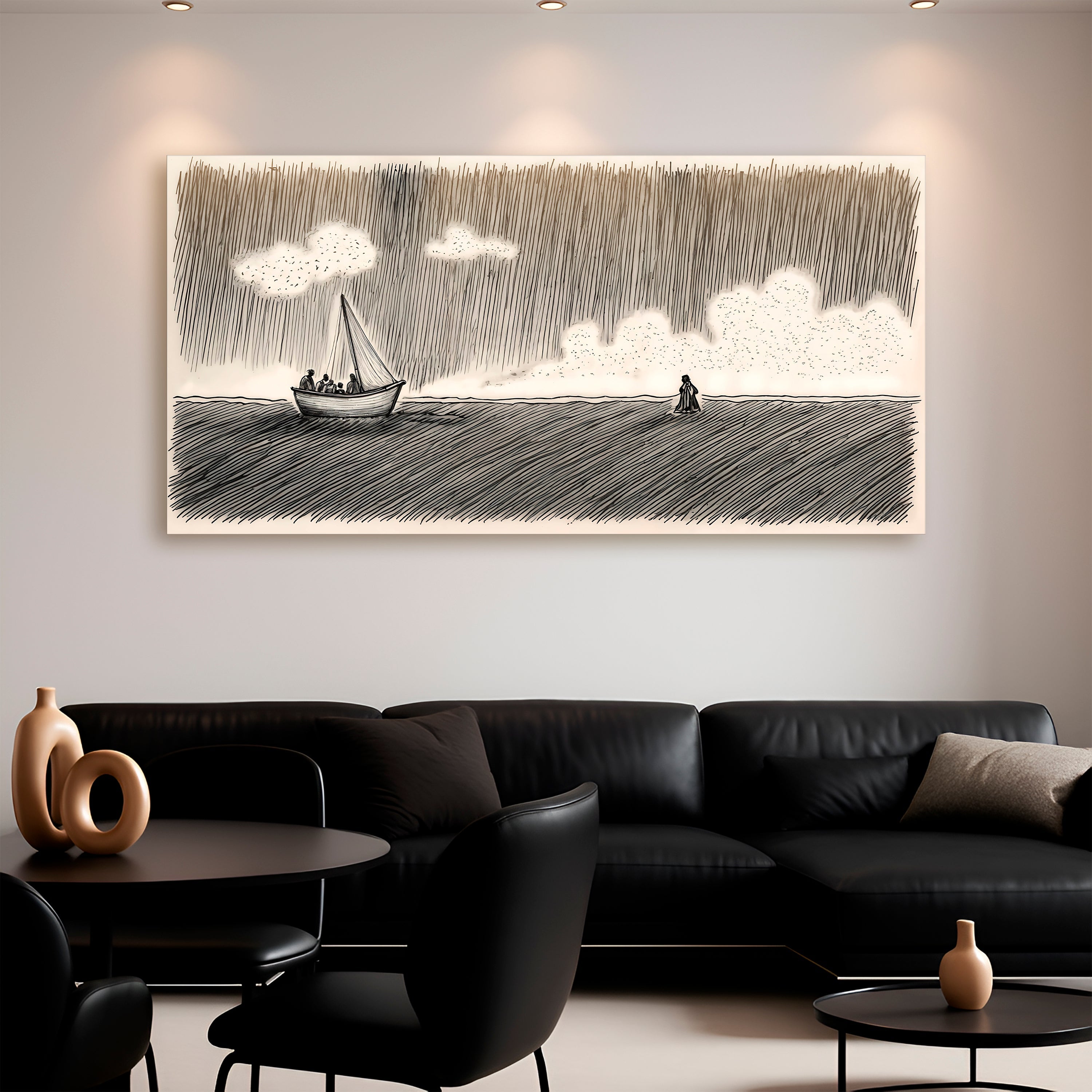 Landscape canvas wall art with a sailboat on dark waves and white cloud shapes