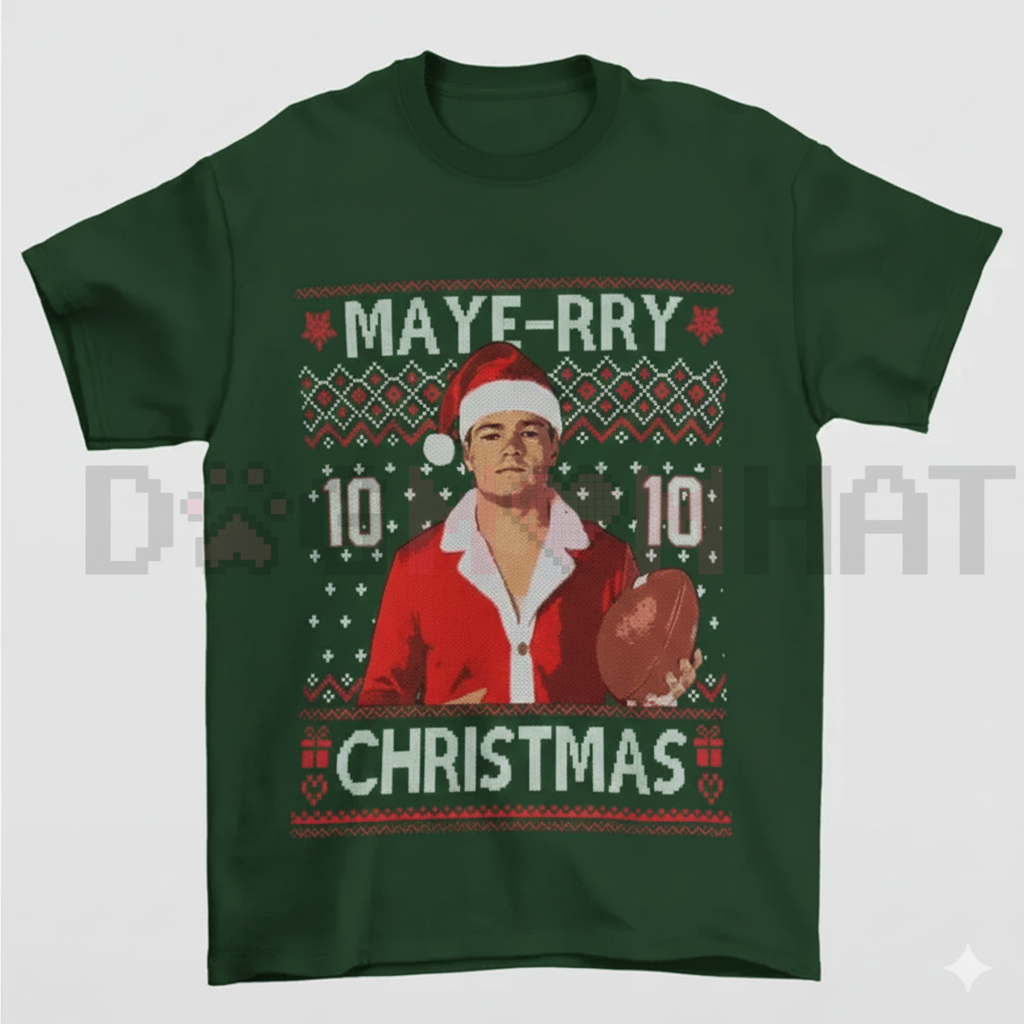 Unisex dark green crewneck T-shirt with 'MAYE-RRY' Christmas graphic on front