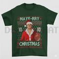 Unisex dark green crewneck T-shirt with 'MAYE-RRY' Christmas graphic on front