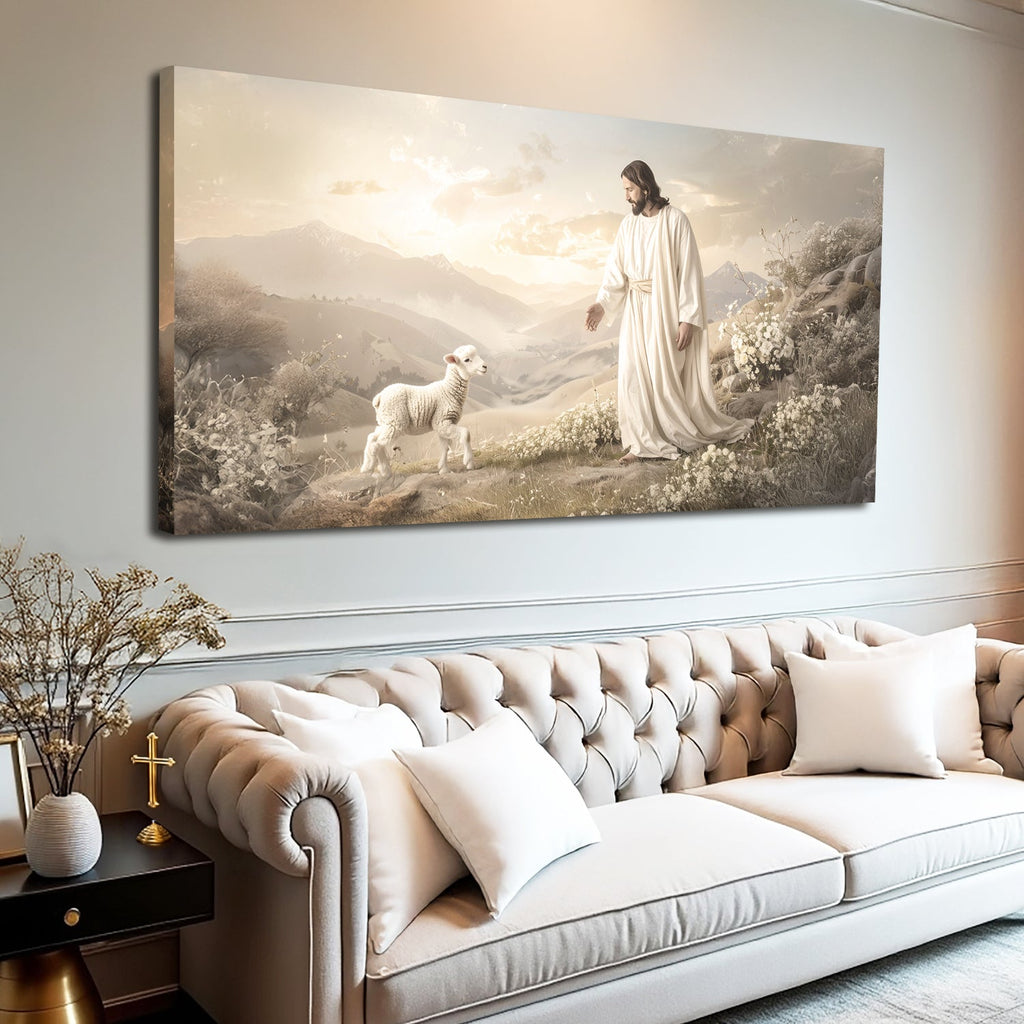 Religious canvas wall art showing Jesus in a white robe with a lamb in a landscape
