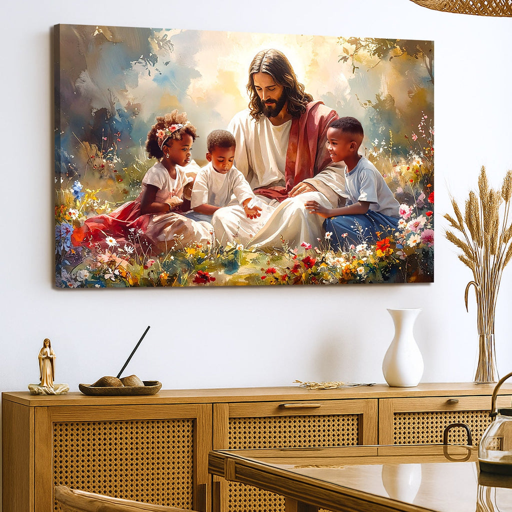 Faith canvas wall art of Jesus with children, hung on a wall shelf area.