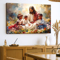 Faith canvas wall art of Jesus with children, hung on a wall shelf area.