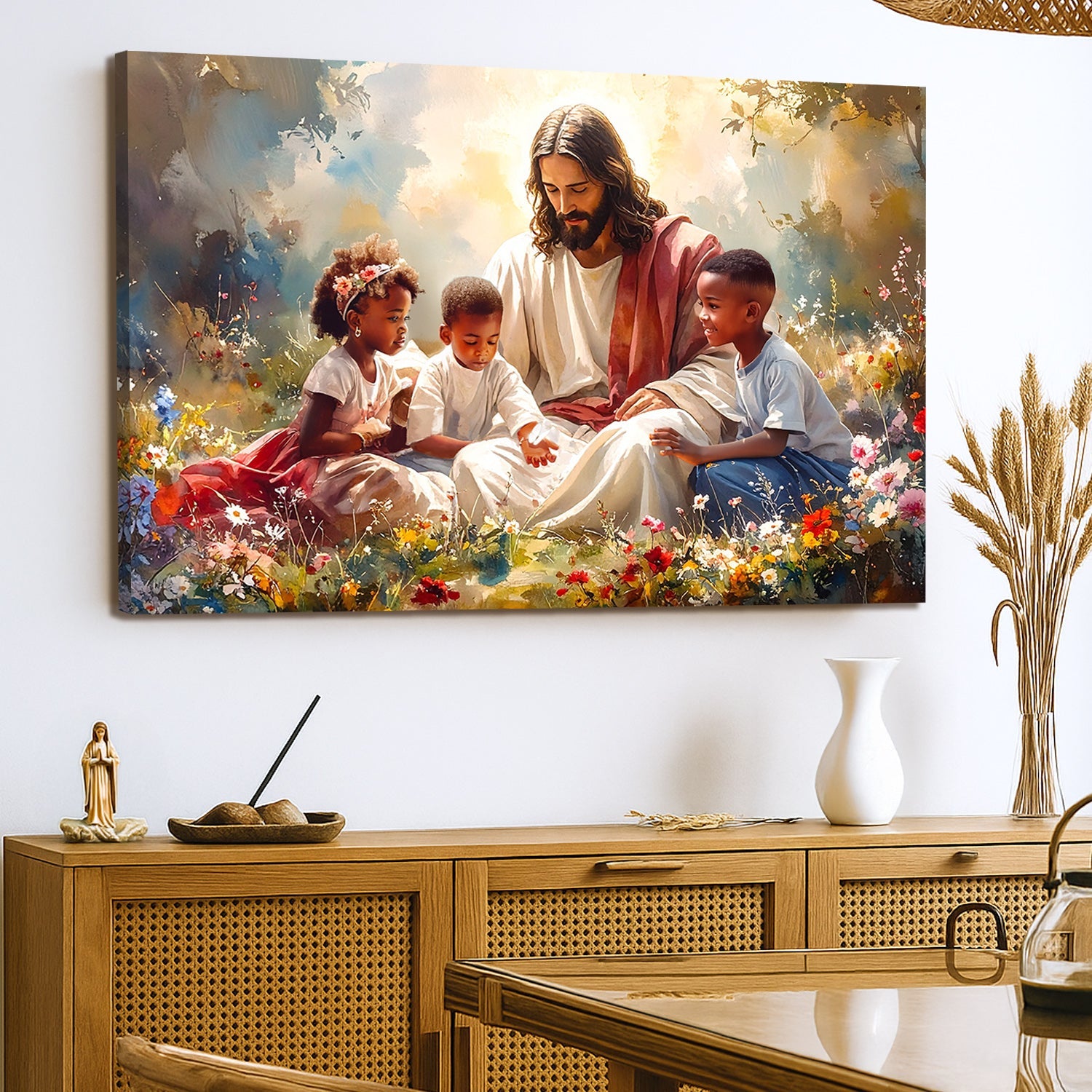 Faith canvas wall art of Jesus with children, hung on a wall shelf area.