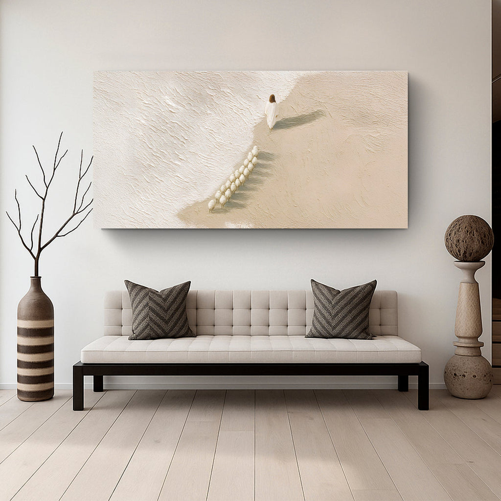 Horizontal canvas wall art with white figure and flock of sheep in beige