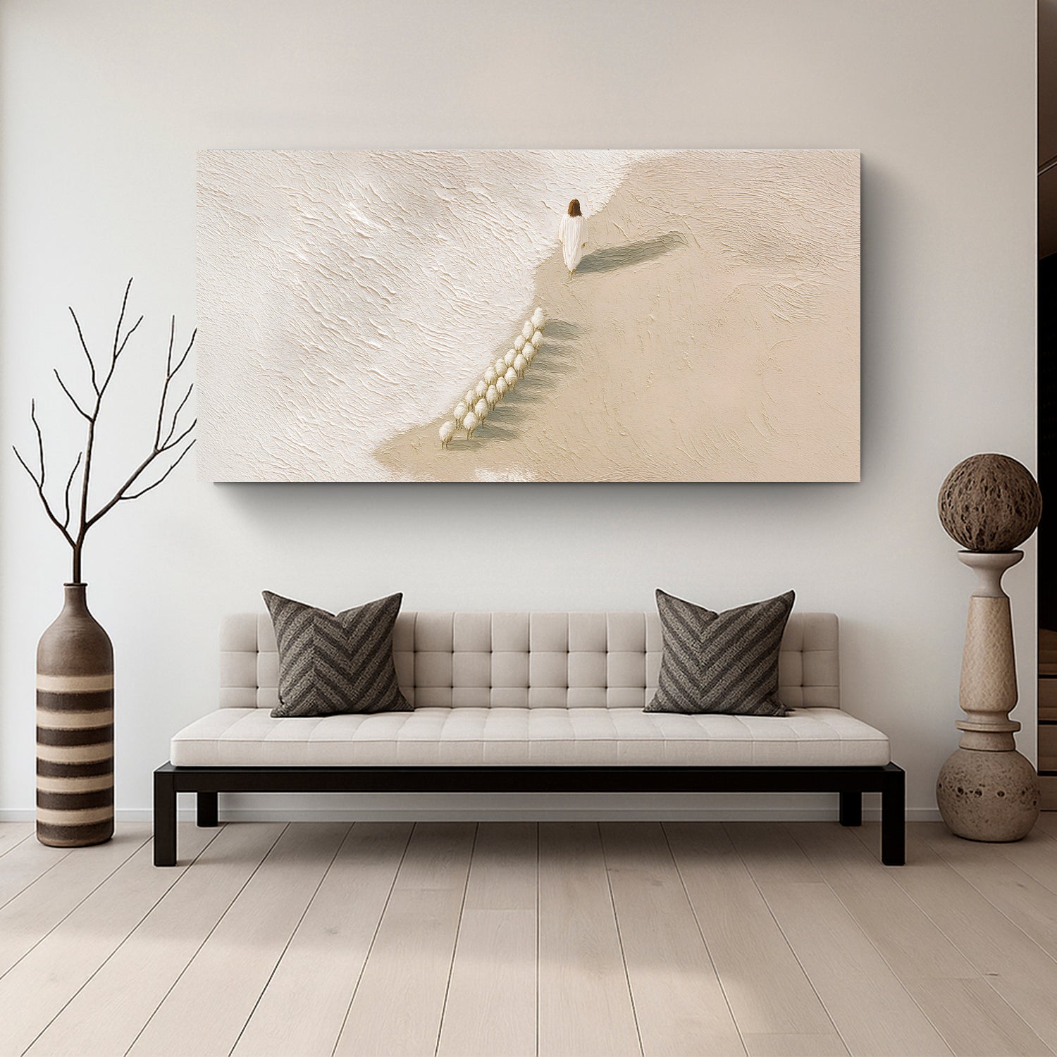 Horizontal canvas wall art with white figure and flock of sheep in beige